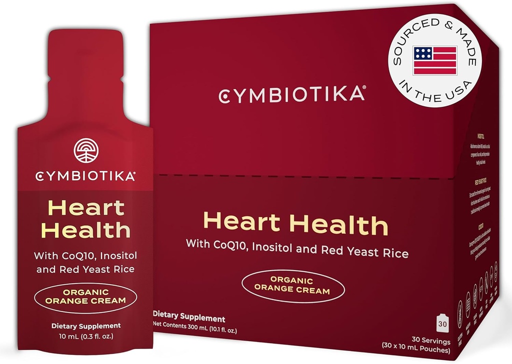 CYMBIOTIKA Heart Health Supplement with CoQ10, Red Yeast Rice & Inositol, Gluten Free Supplements to Support Circulation & Aging, Organic Orange Cream Flavor, 30 Pack