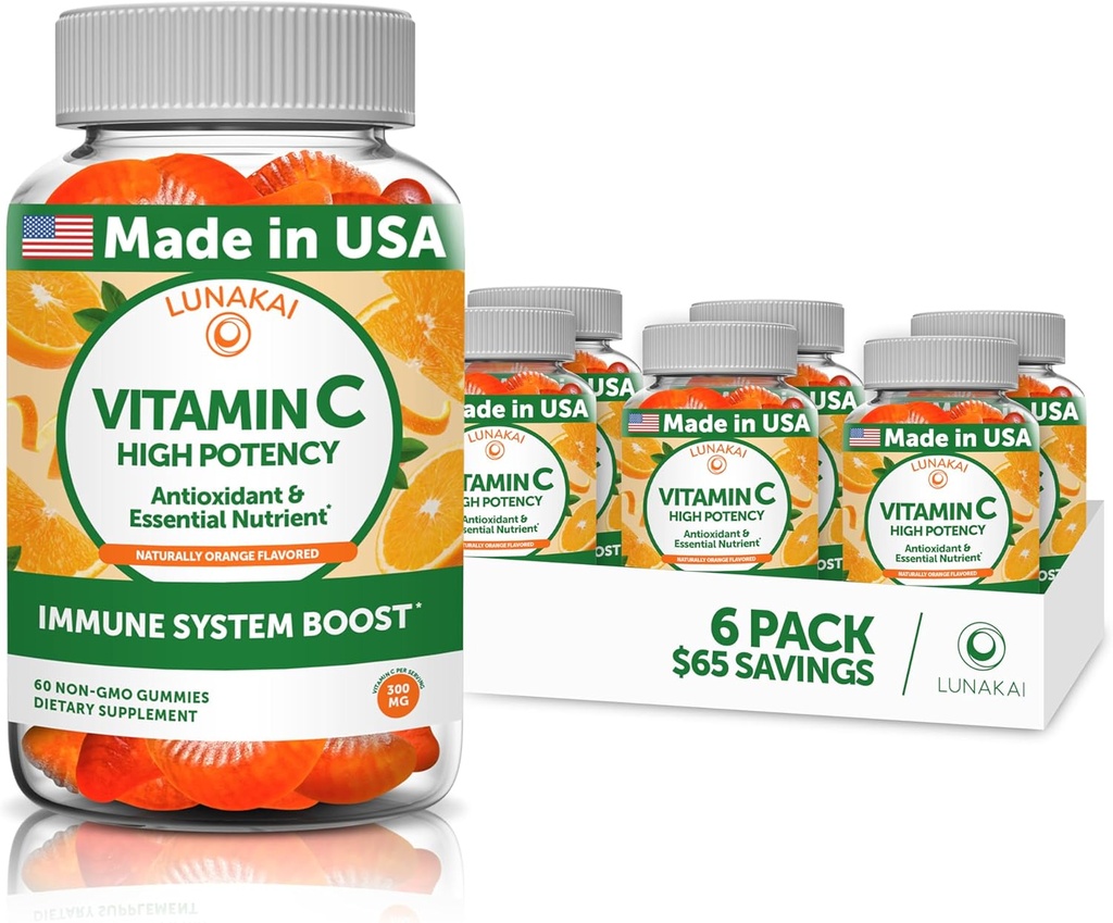 Lunakai Vitamina C Gummies para adultos y niños - Orgánica VIT C Vegan Chewable Gummy Vitaminas - 250 mg Adulto, Niños, Vigas Toddler - 6 Pack