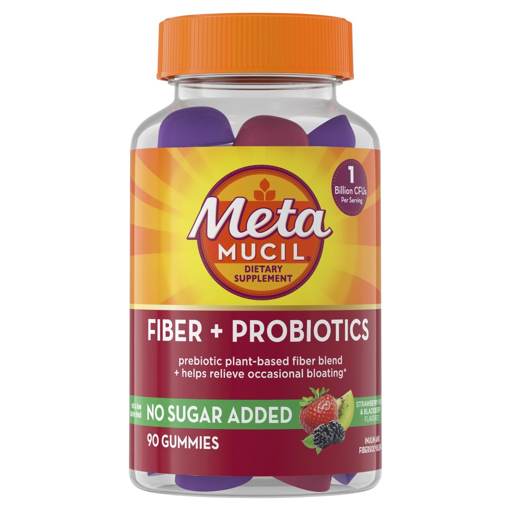 Metamucil Fiber Gummies for Adults with Probiotics for Bloating Relief, No Sugar Added Strawberry Kiwi BlackBerry Flavors, 5g Prebiotic Plant Based Fiber Supplement Blend, 90 Count