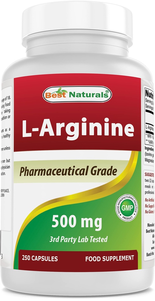 Mejores Naturales L-Arginina 500mg 250 cápsulas - Suplemento Farmacéutico Grado L Arginina promueve la síntesis de óxido nítrico