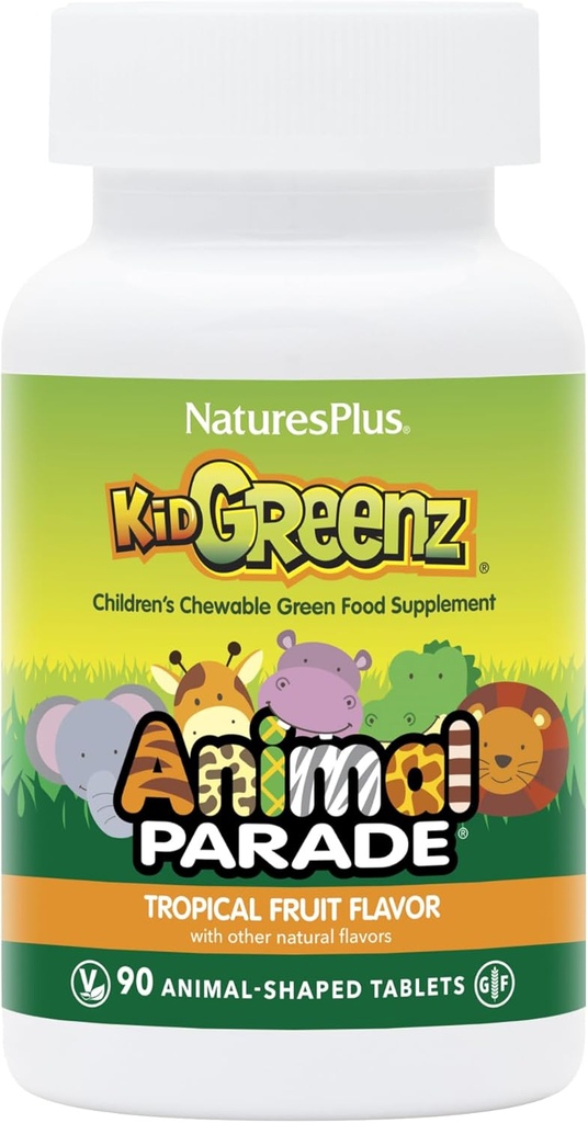 NaturesPlus Animal Parade KidGreenz, Tropical Fruit Flavor - 90 Animal-Shaped, Chewable Tablets - Pack of 2 - with Broccoli & Spinach - Vegetarian, Gluten Free - 180 Total Servings