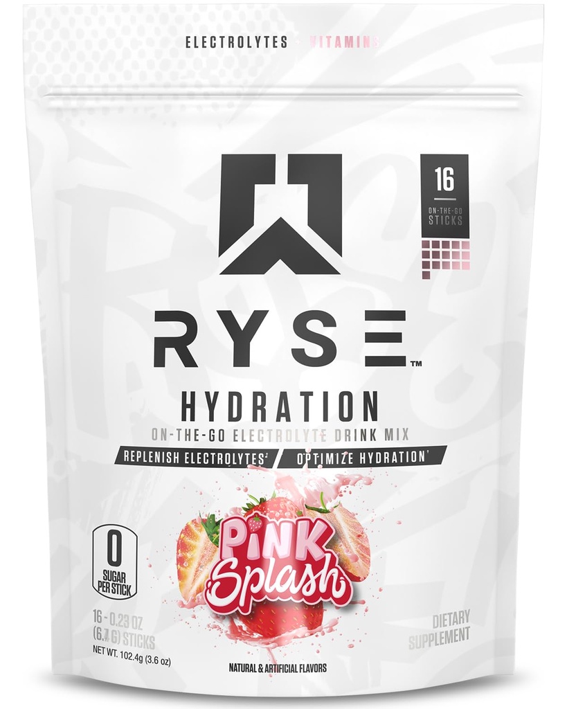 RYSE Hydration Electrolyte Powder Drink Mix Packets - Pink Splash - Electrolitos de espectro completo sin azúcar con vitaminas esenciales, Taurina y Choline para la rehidratación - 16 palos de servicio