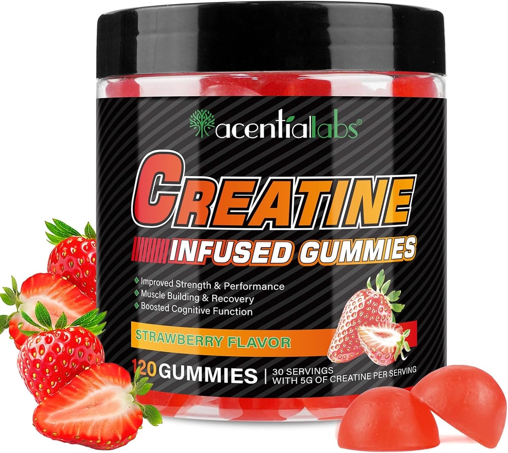 Cretina Monohidrato Gummies 5000mg para Hombres &amp; Mujeres, Monohidrato de Creatina, L-Taurina, Vitamina B12 para el Crecimiento del Musculo, Fuerza, Focus, Energía & Salud, Azúcar Libre, Vegan, Sabor de Fresa, 120 Conde
