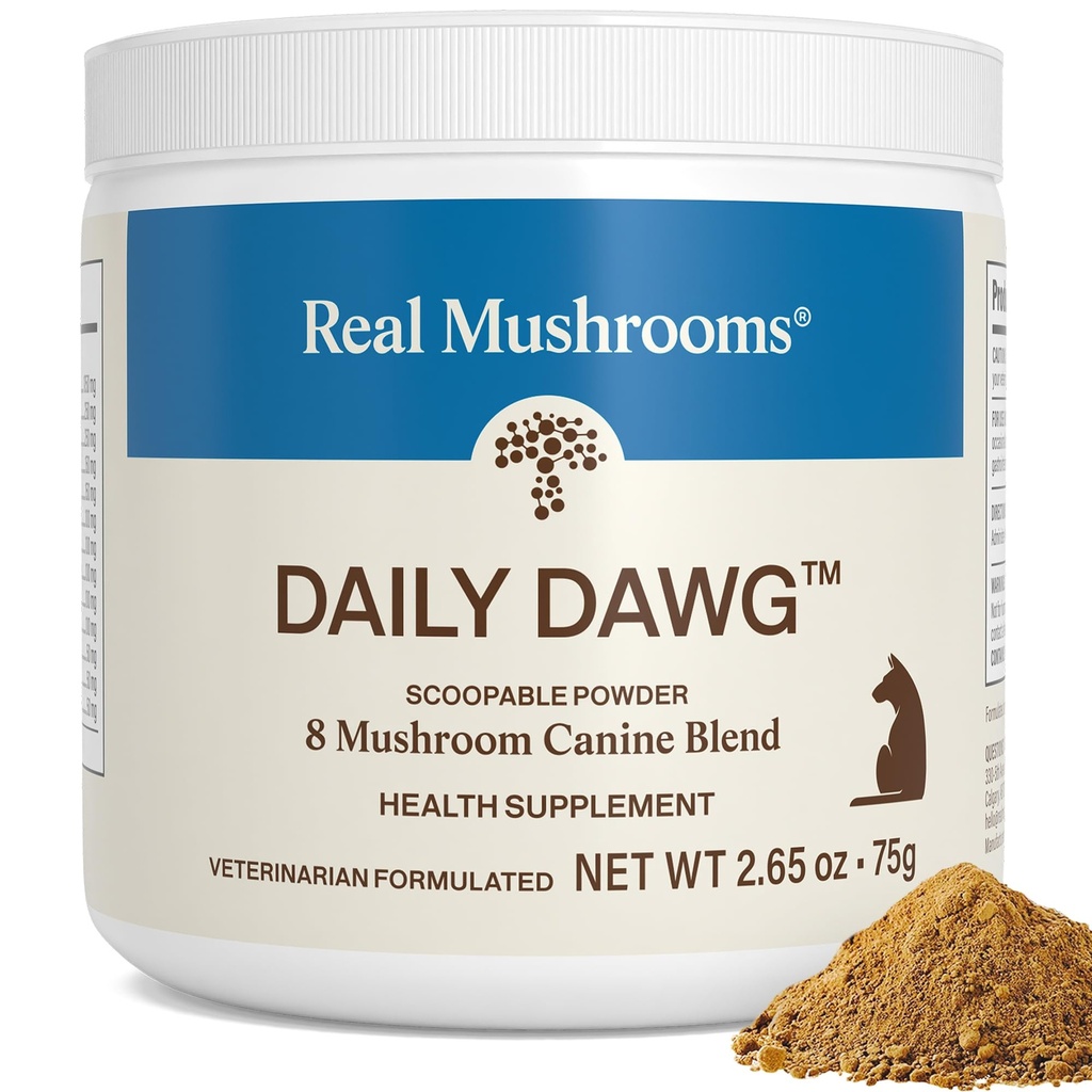 Real Mushrooms Whole Dog Health – Functional Mushroom Blend for Dogs with Lion’s Mane, Cordyceps, Turkey Tail, Reishi, Shiitake for Overall Wellbeing of Dogs – 2.65 oz Powder Supplement