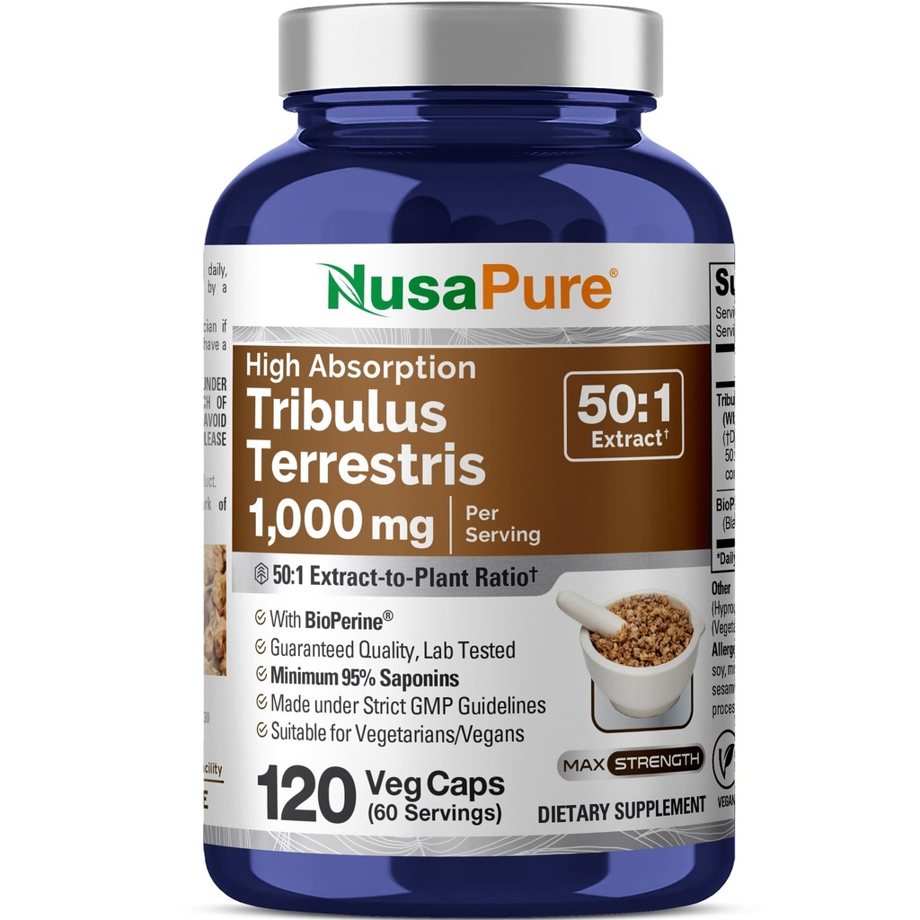 NusaPure Tribulus Terrestris 50:1 Extracto, 1000 mg Equivalente a 50,000mg habit 120 Veggie Caps ← 95% Steroidal Saponins ← Non-GMO, Bioperine
