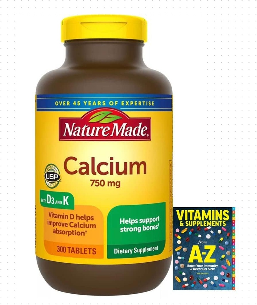 Aventura Home Calcio 750 mg con vitamina D3 y K, Suplemento dietético para el soporte de huesos, 300 Tabletas+ Mejor guía Vitaminas Suplementos Libro Gratis