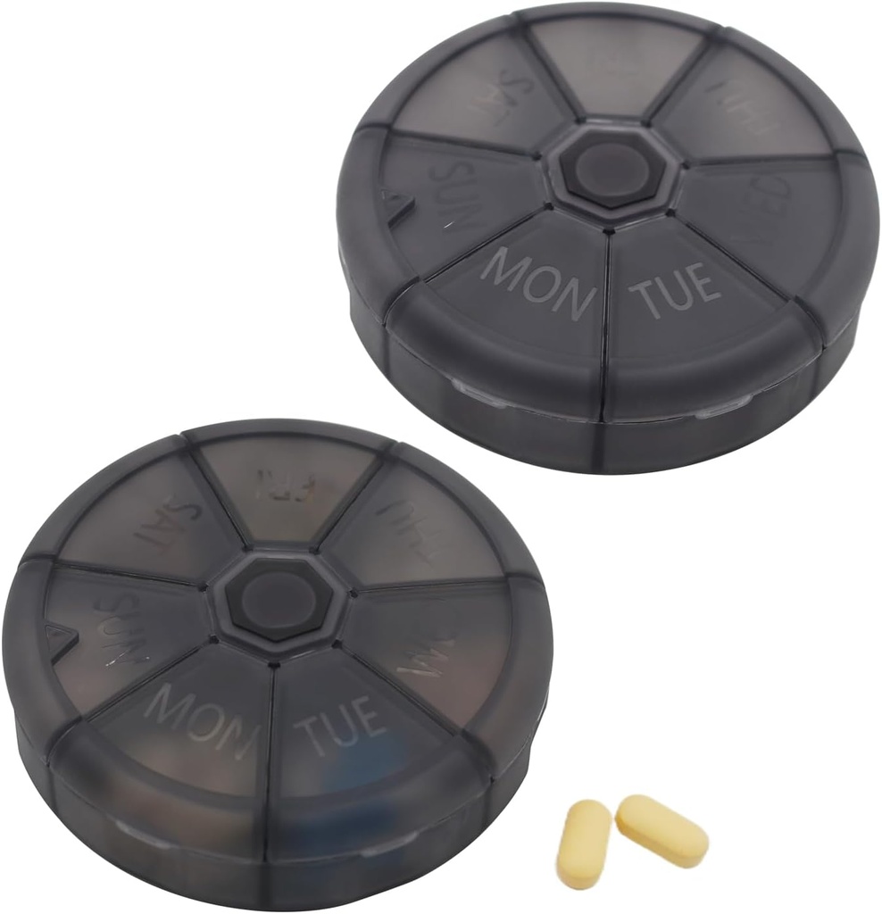 Organizador semanal portátil de píldoras de 7 días Container, caja redonda de píldoras Viajes Friendly, Caja de recordatorio semanal de píldoras, vitamina libre de BPA, suplemento, aceite de pescado, Planificador de medicamentos (Negro)