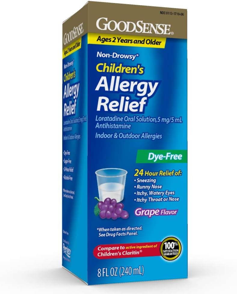 GoodSense Children’s Allergy Medicine, 24 horas Loratadine Oral Solution 5 mg/5 mL, Dye-Free, Antihistamínico no Hoja, Grape Flavor, Ages 2 y Older, 8 oz