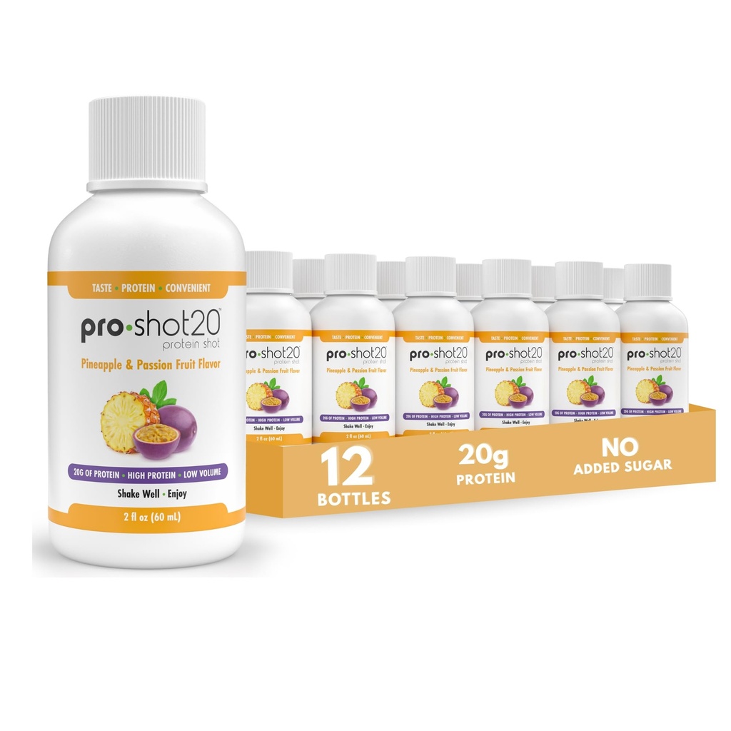 Pro-Shot20 Protein Shot Pineapple &amp; Passion Fruit Flavor, 60 mL, 12-Pack- 20g Whey Protein " Hydrolyzed Collagen Drink- Low Calorie, Low Carb, Gluten Free, No Aspartame, Ready to Drink