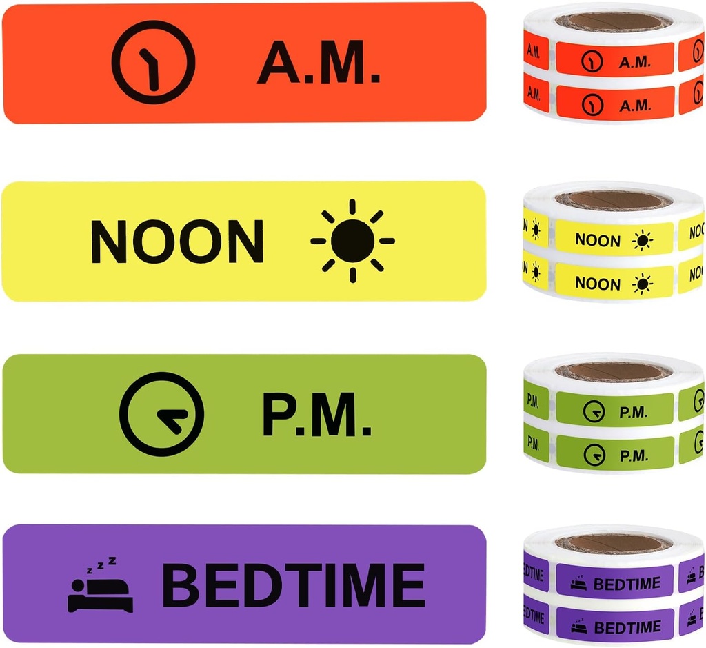 Pegatinas de medicina Instrucción de medicamentos Etiqueta de papel permanente AM NOON PM Tiempo de cama para el caso de píldora Planificador 0.4 * 1.6 pulgadas (500 por Roll 4 Pack)