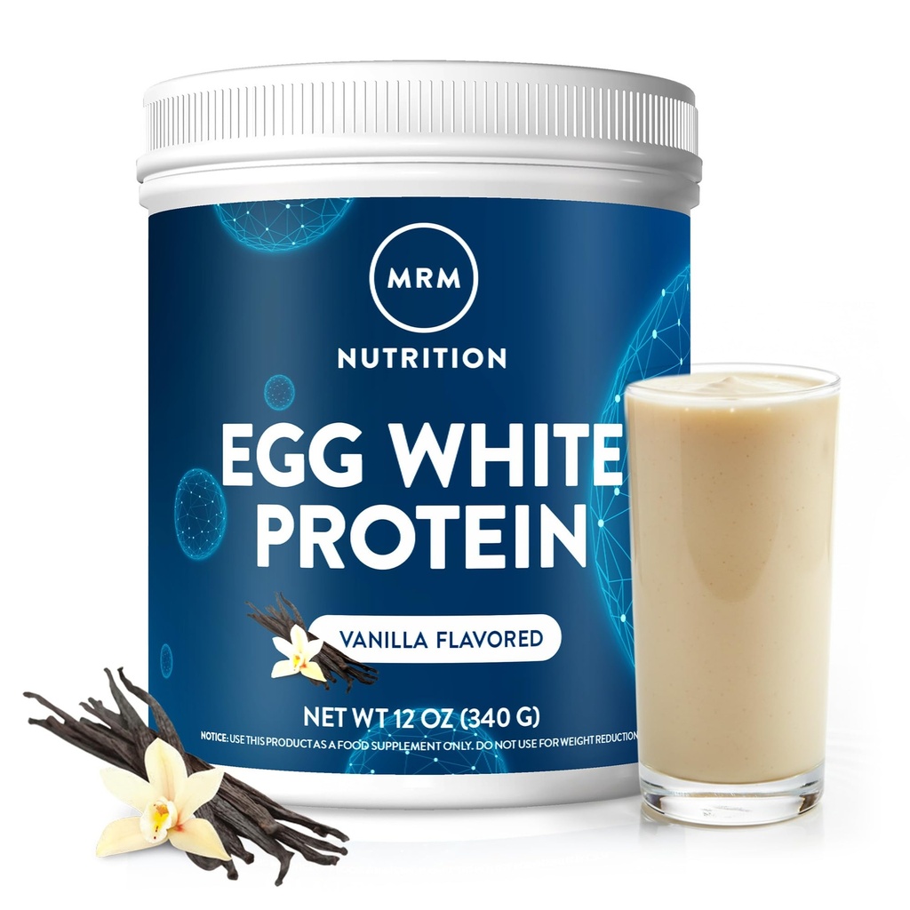 MRM Nutrición Egg White Protein ANTE Vanilla Flavored TEN 23g Proteína libre de grasa  tolera con enzimas digestivas ← Valor biológico más alto Silencio Testado clínicamente Ø 10 Servings