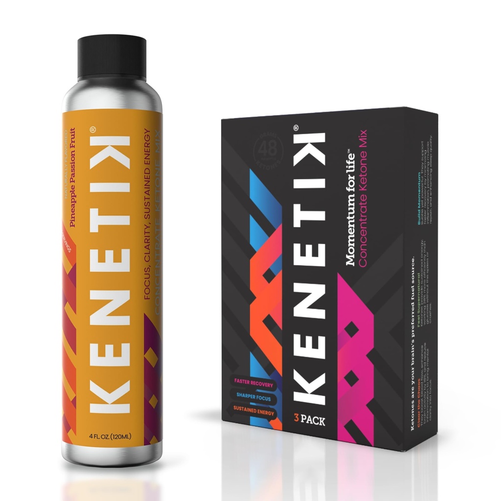 KENETIK Caffeine-Free Focus Concentrate – Brain Fuel for Mental Clarity Cognitive Endurance, Sugar-Free, Bioidentical Ketones (D-BHB), 4oz (4 Servings) – 3 Pack, Pineapple Passionfruit