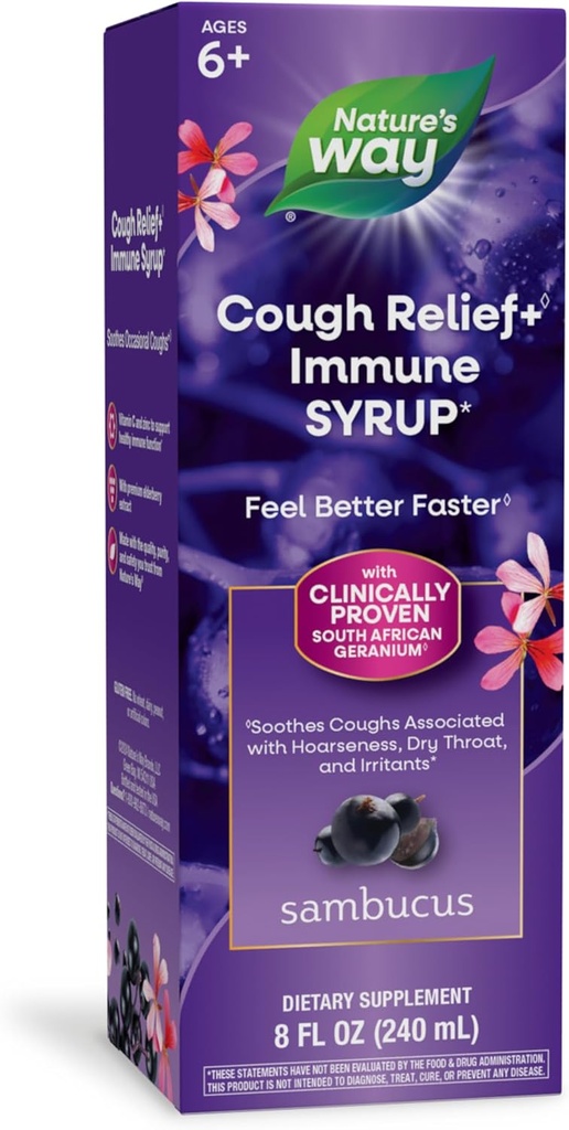 Alivio de la tos de Sambucus +(1) Immune Syrup*, Siéntete Mejor Más rápido(1), Geranio Sudafricano Probado clínicamente, con Extracto de Elderberry, Vitamina C & Zinc, 8 Oz (Packaging May Vary)
