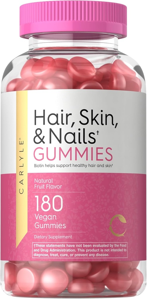 Carlyle Hair Skin and Nails Vitamins | 180 Vegan Gummies | Fruit Flavored Supplement for Men and Women | with Biotin | Non-GMO & Gluten Free