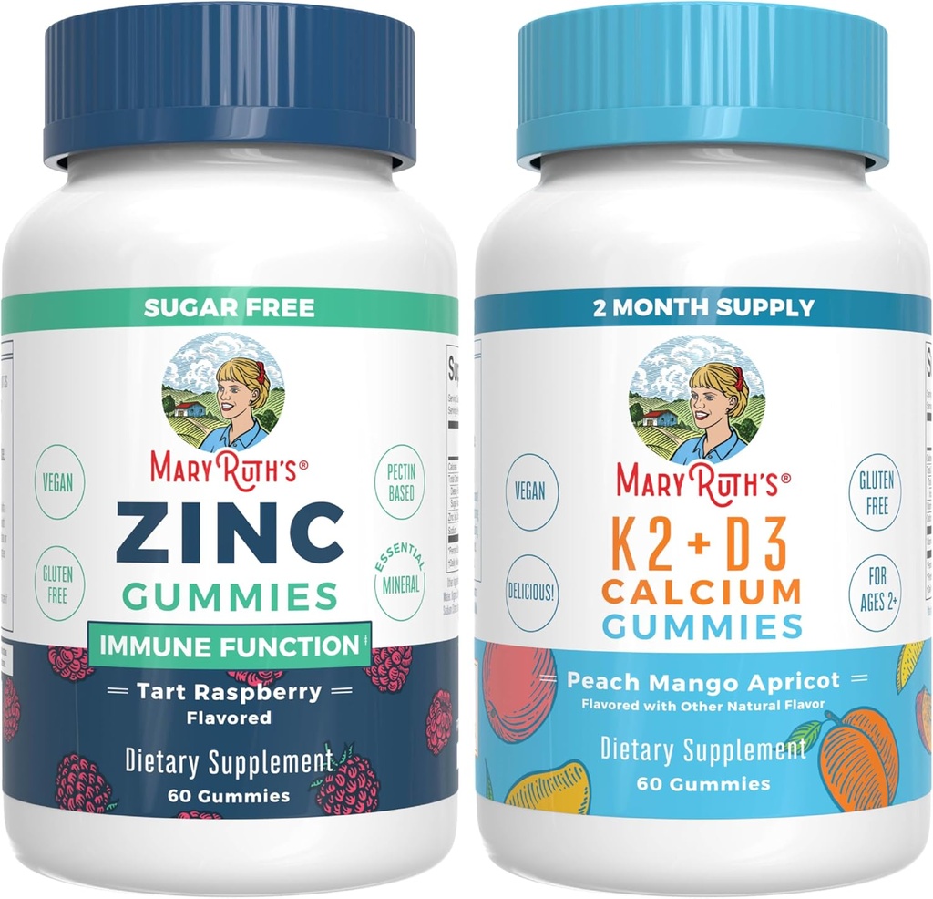 MaryRuth Organics Zinc (Tart Raspberry) & Vitamin K2+D3 Calcium Gummies (Peach Mango & Apricot) | Clean Label Project Verified® | Vitamins for Immunity & Joint and Bone Health | Vegan, Non-GMO