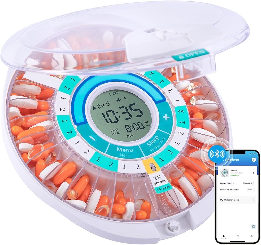 Dispensador automático de píldoras Daviky para el anciano con Alarma, Dispensador electrónico de píldoras, organizador de píldoras Bluetooth inteligente 28 días, Recordador de píldoras con APP para recetas, vitaminas &amp; más