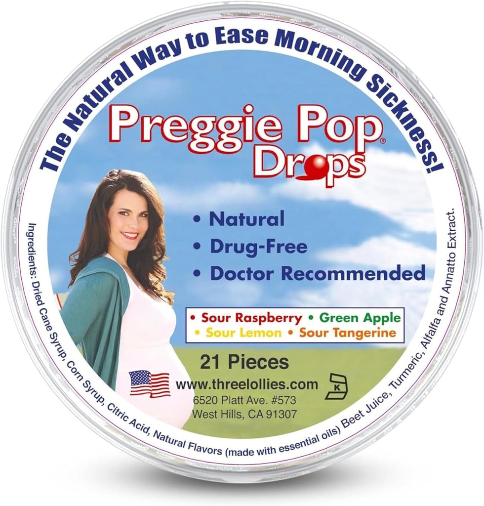 Preggie Pop Drops ← 21 gotas ← La enfermedad de la mañana durante el embarazo ← Seguro para embarazada mamá &amp; Baby TEN Gluten Free ← Cuatro sabores: Lemon, Raspberry, Green Apple, Tangerine
