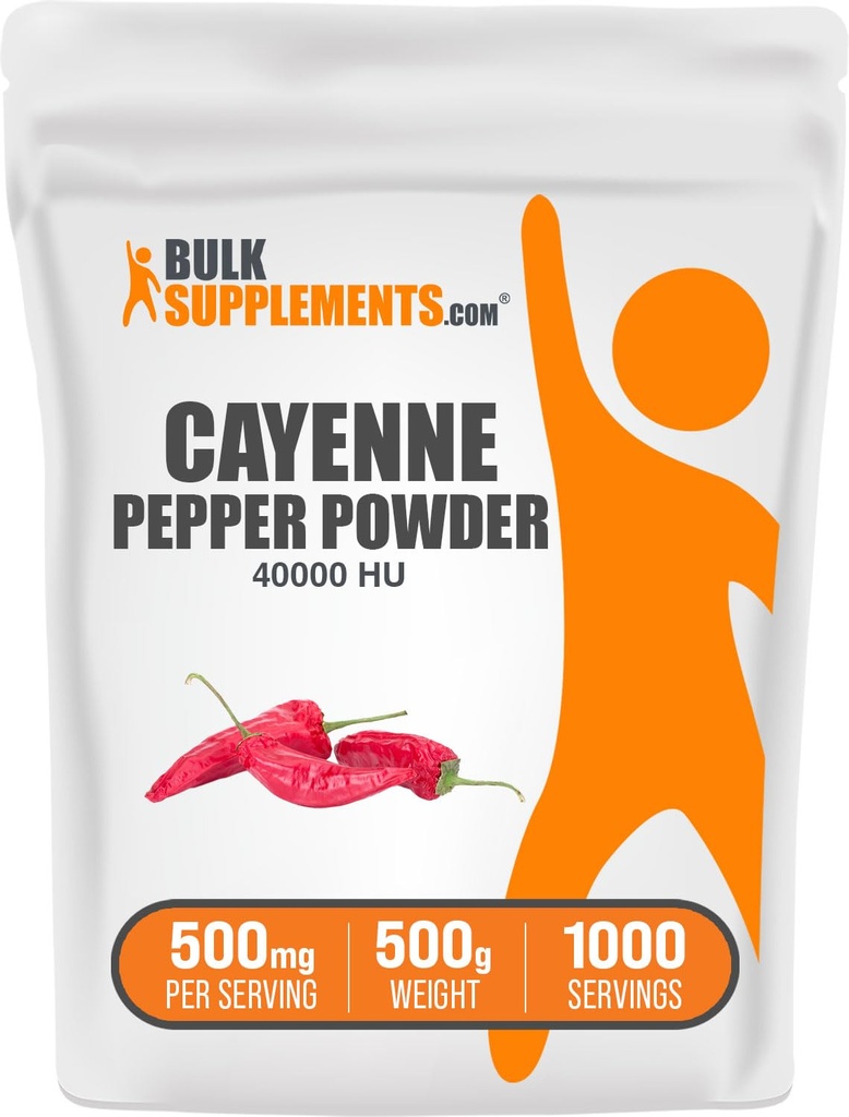 BulkSupplements.com Cayenne Pepper 40000 HU Powder - Suplementos de Capsaicina, Cayenne Pepper Powder - Vegan & Gluten Gratis, 500mg por Serving, 500g (1.1 lbs) (Pack of 1)