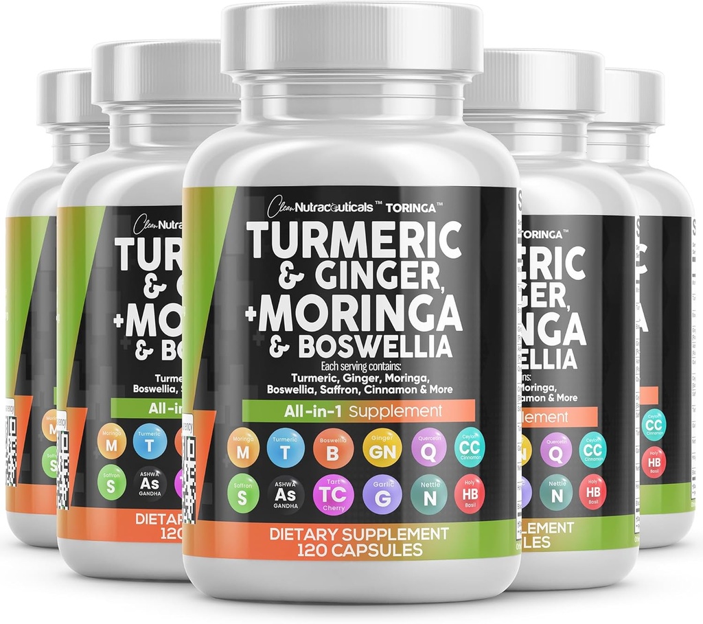 Turmeric Moringa Suplemento Silencio Ginger Boswellia Saffron - Suplemento para Mujeres y Hombres con Ceylán Canela, Tart Cherry, Quercetin Garlic Nettle Holy Basil - 5Pack