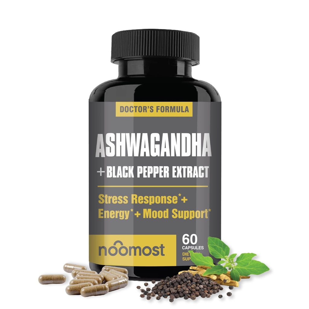 NooMost Organic Ashwagandha 400mg Capsules w/Black Pepper Extract as Vegan Ashwagandha Supplements for Anti Stress Relief, Natural Mood Support, Energy & Focus-60 Capsules