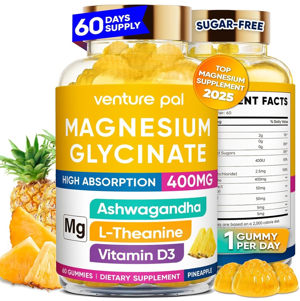 60 días de suministro de magnesio Glycinate 400mg Gummies con Ashwagandha, L-Theanine, CoQ10, Vitamina D3 &amp; B6, azúcar de magnesio gratis Gummies para adultos &amp; niños, alivio de estrés, sueño &amp; calma, Vegan, gluten Gratis