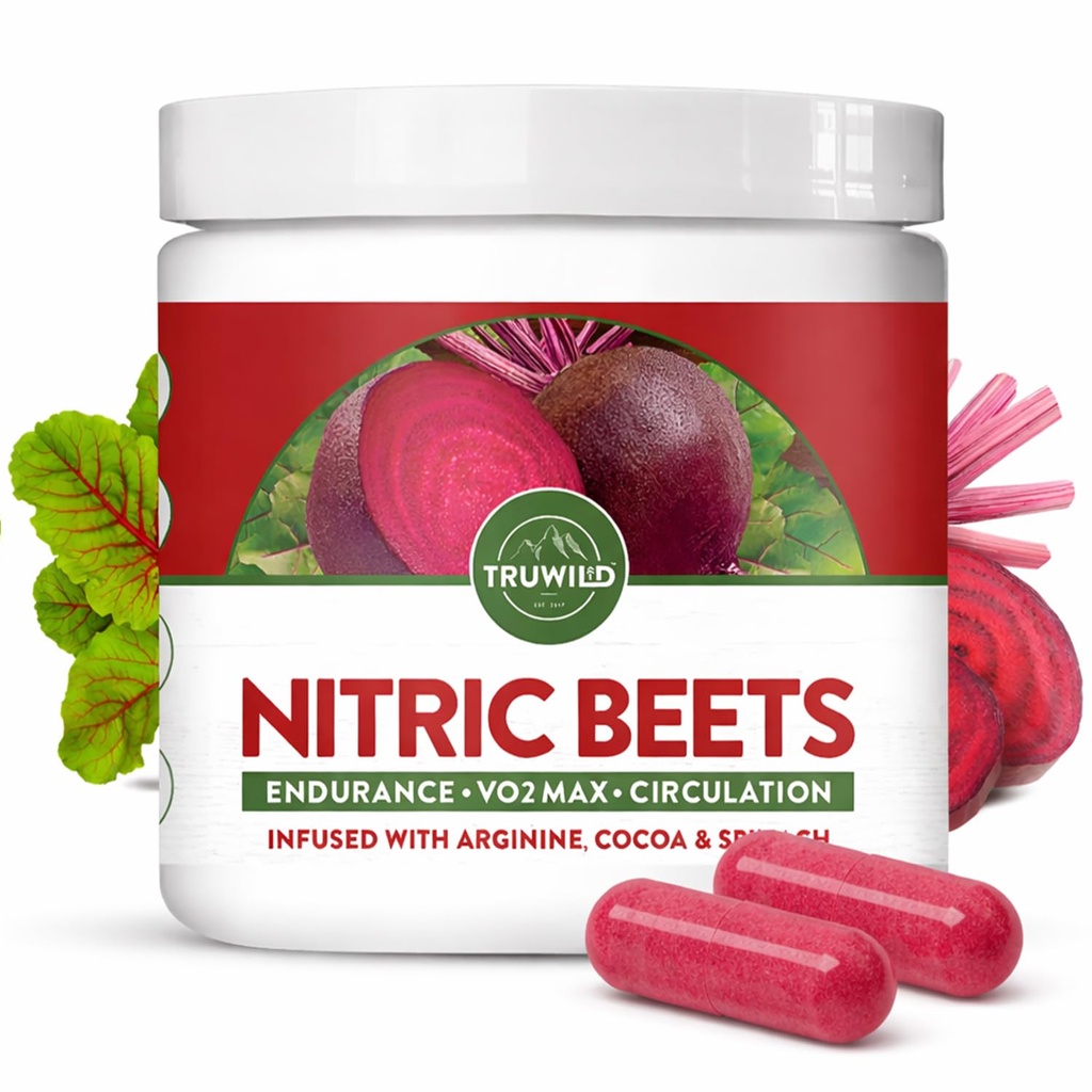 TruWild All Natural Beet Root Powder, Nitric Oxide Booster, 1000mg, Vegan Superfood Capsule Supplement, Beetroot Extract Supports Total Health, Performance & Stamina, 30 Servings
