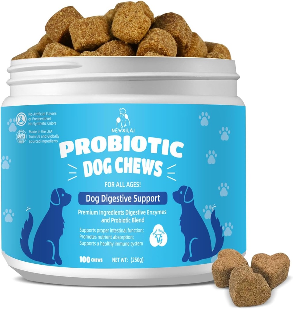 Suplemento Digestivo Probiótico Natural para Perros - Probiótico Chewable con Prebióticos y Enzimas Apoyo Gut Health, Diarrhea & Digestion, Mejorar el sistema inmunológico Alergía Itch Skin