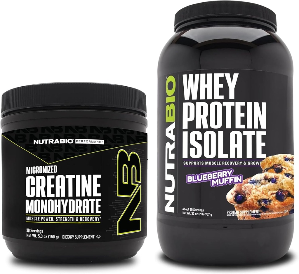 NutraBio Monohidrato de Creatina, Desflavorado, 150g y Whey Protein Isolate, Blueberry Muffin, Suplemento Bundle - Muscle Energy, Lean Muscle Growth, Recovery, and Strength