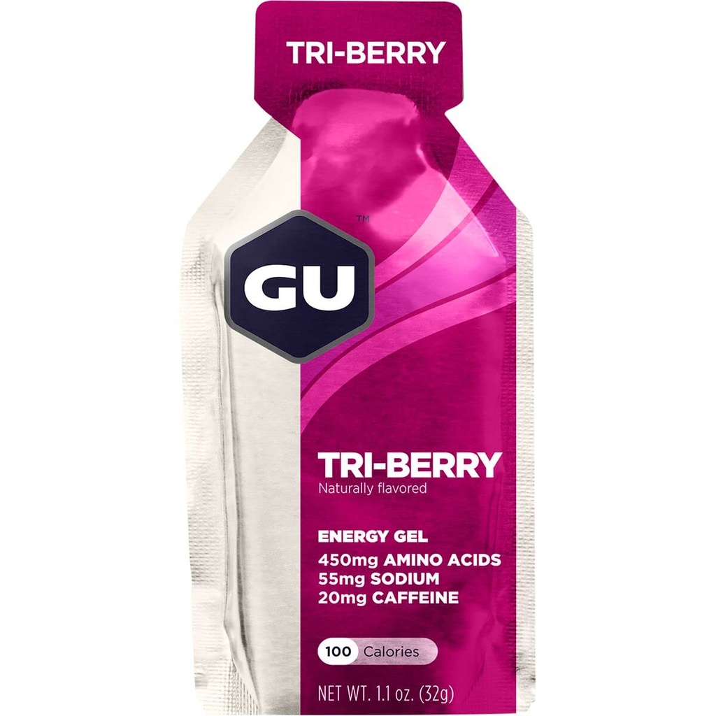 GU Energy Original Sports Nutrition Gel 8-Count Vanilla Bean y 8-Count Tri-Berry Bundle con Aminoácidos y Electrolitos