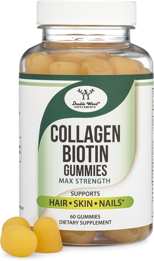 Collagen Gummies for Women Supports Aging (Max Strength - Mejorado con Biotina, Vitamina C, Zinc, y Vitamina E (Longevidad para Mujeres y Hombres) 60 Peluquería, Piel y Nails Vitaminas (Non-GMO) por Madera Doble