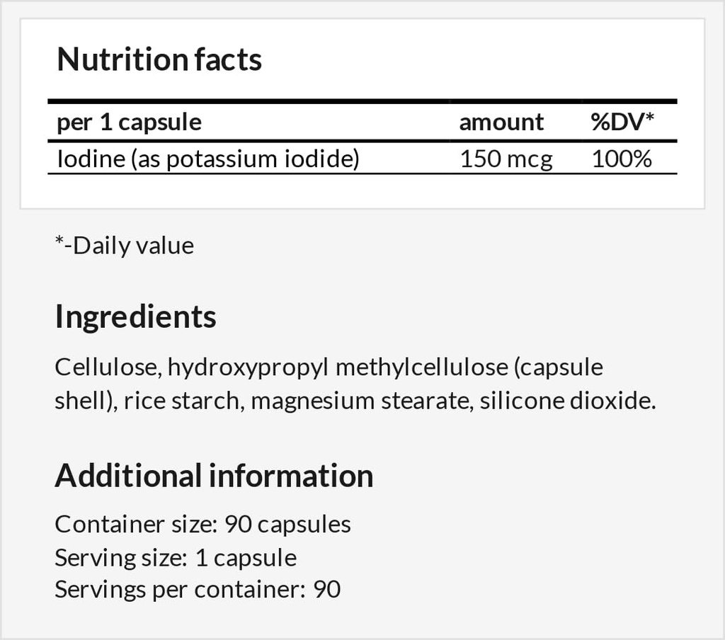 Potasio Iodide 150 mcg por cápsula - 90 cápsulas vegas - 3 meses de suministro - para la función óptima del Gland y el metabolismo energético - Suplemento de la dieta por la hegemonía de Apolo