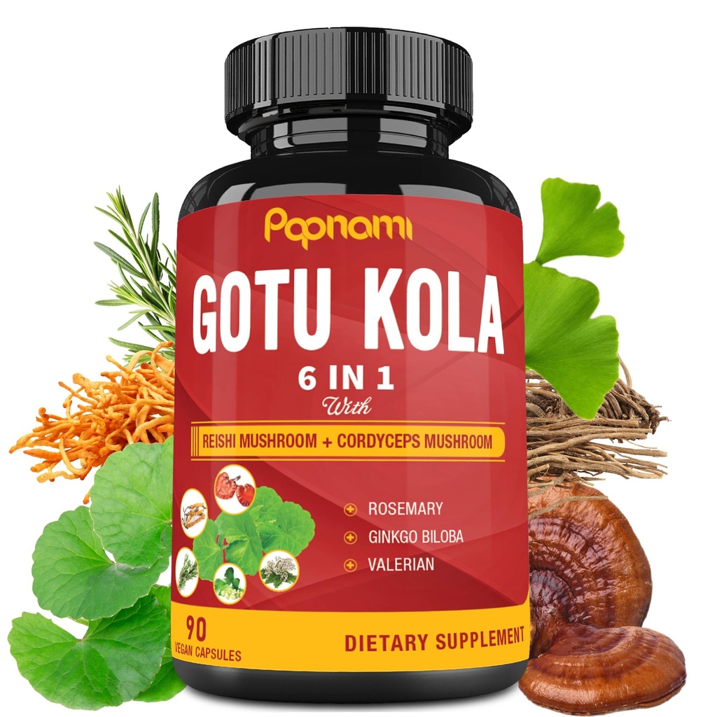 Orgánica Gotu Kola Extract Capsules con Reishi, Cordyceps, Rosemary, Gingko Biloba & Valerian Root - 90 Cuentas para 3 meses - Apoya cerebro, inmunidad, habilidad y salud cardíaca