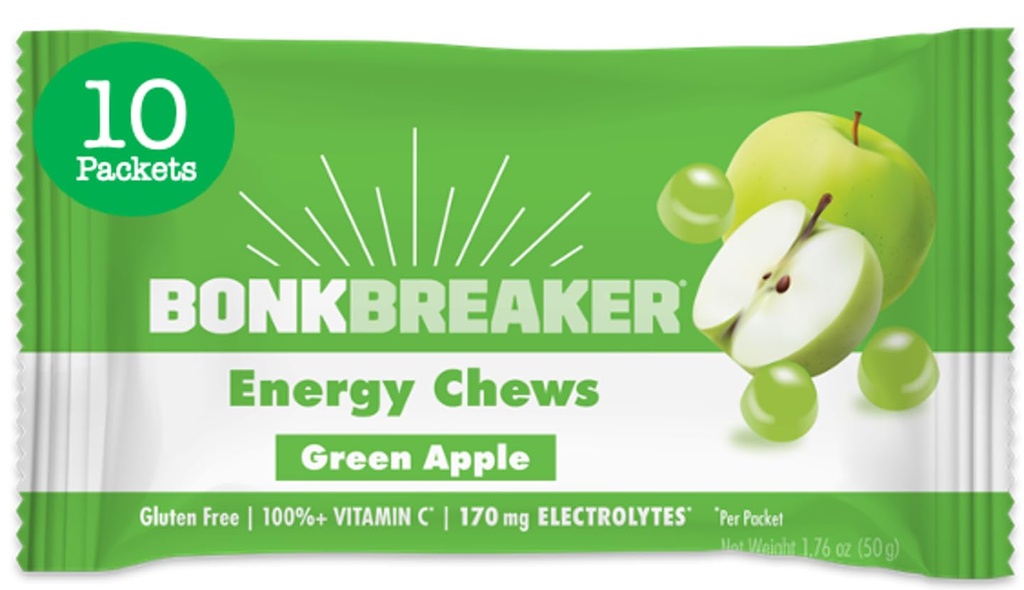 Bonk Breaker Energy Chews, Dairy-Free, Gluten-Free Ingredients to Provide Quick Energy and Focus, 1 Box of 10 Packets, Green Apple