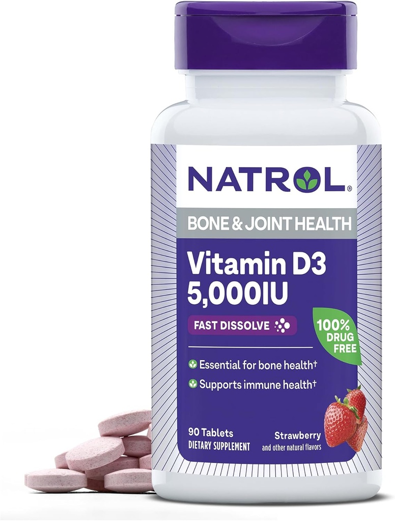 Natrol Fast Dissolve Vitamina D3 5.000 UI, Suplemento dietético para el Hueso y la Salud Conjunta, Suplemento de Apoyo al Hueso, 90 Tabletas, 90 Day Supply