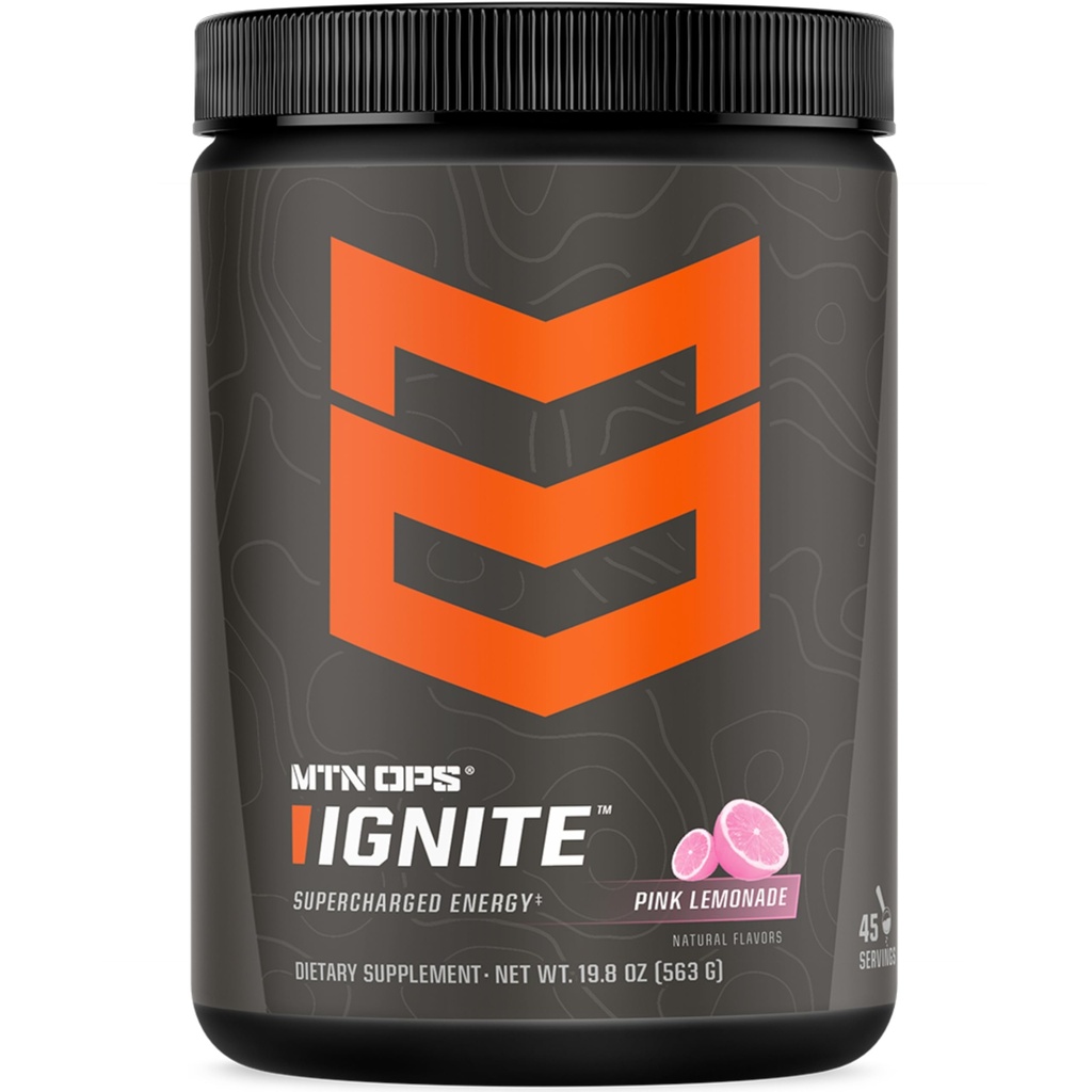 MTN OPS Ignite Energy Drink Powder, Gluten Free Nootropic Supplement Drink Mix, L Arginine, L Citrulline, Caffeine &amp; Nootropic Sugar Free Drink Mix, 45 Servings, Pink Lemonade