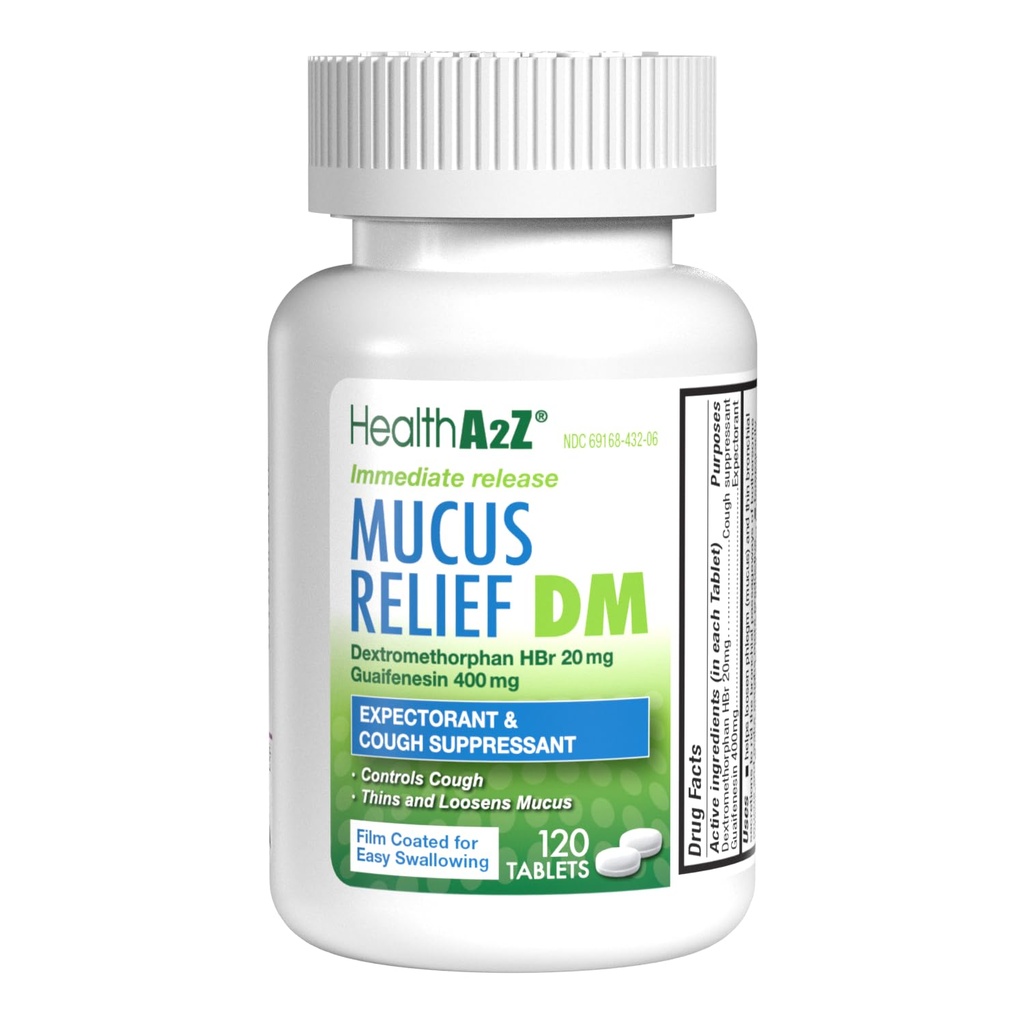 HealthA2Z® Mucus Relief DM TENIDO Dextromethorphan HBr 20mg TEN Guaifenesin 400mg ANTE No Benzene ANTE Cough, Comunicado Inmediato, Uncoated (120 Conde (Pack of 1))