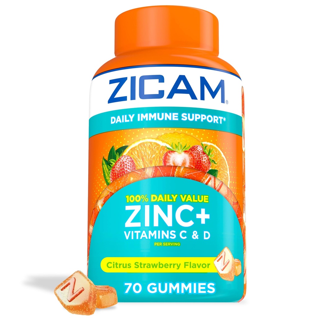 Zicam Daily Immune Support, Gummy Supplement, Zinc, Vitamina C y Vitamina D, Citrus Strawberry Flavor, 70 Cuenta