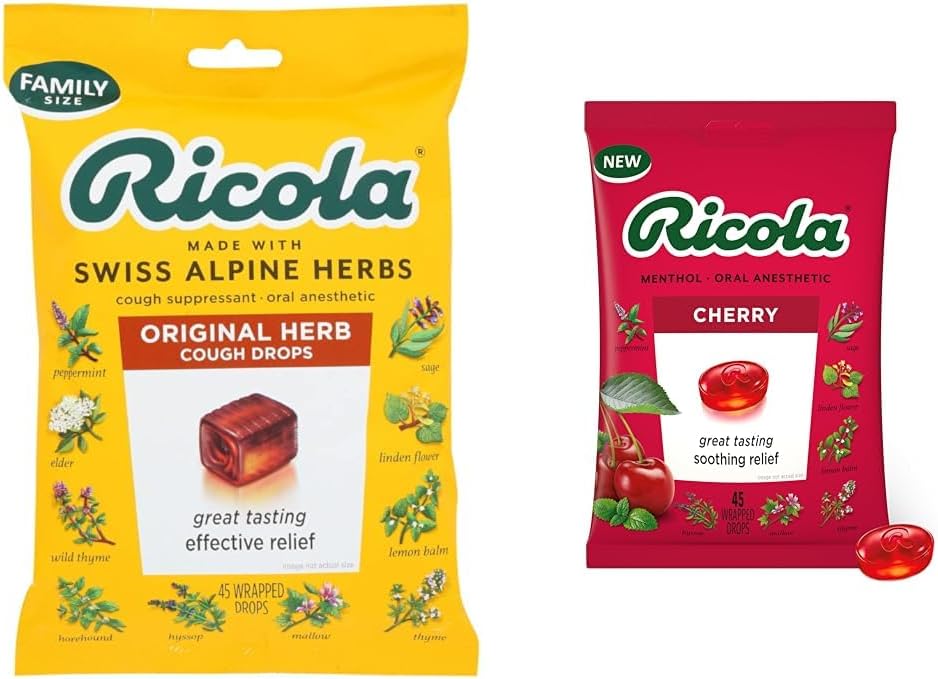 Ricola Original Natural Herb Cough Suppressant Throat Drops, 45 gotas, Fights Coughs Naturalmente, Soothes Throats, Naturally Soothing Relief & Cherry Throat Drops, 45 Conde
