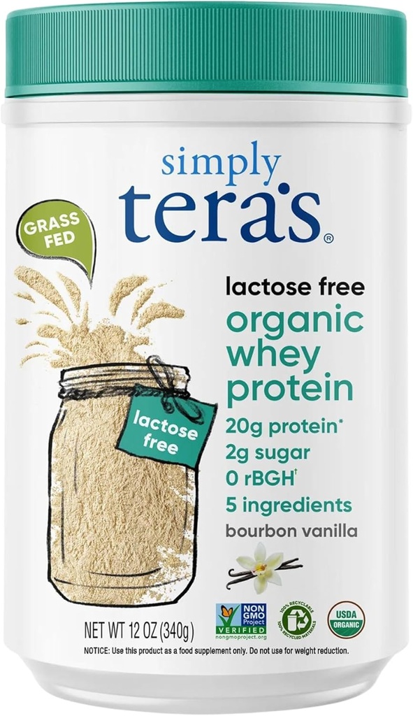 Simplemente tera's Lactose Free Organic Whey Protein Powder - Lactose Free, Vanilla, 20g de Protein Por Serving, Non-GMO, Gluten-Free, RBGH-Free, Kosher - 12 Oz.
