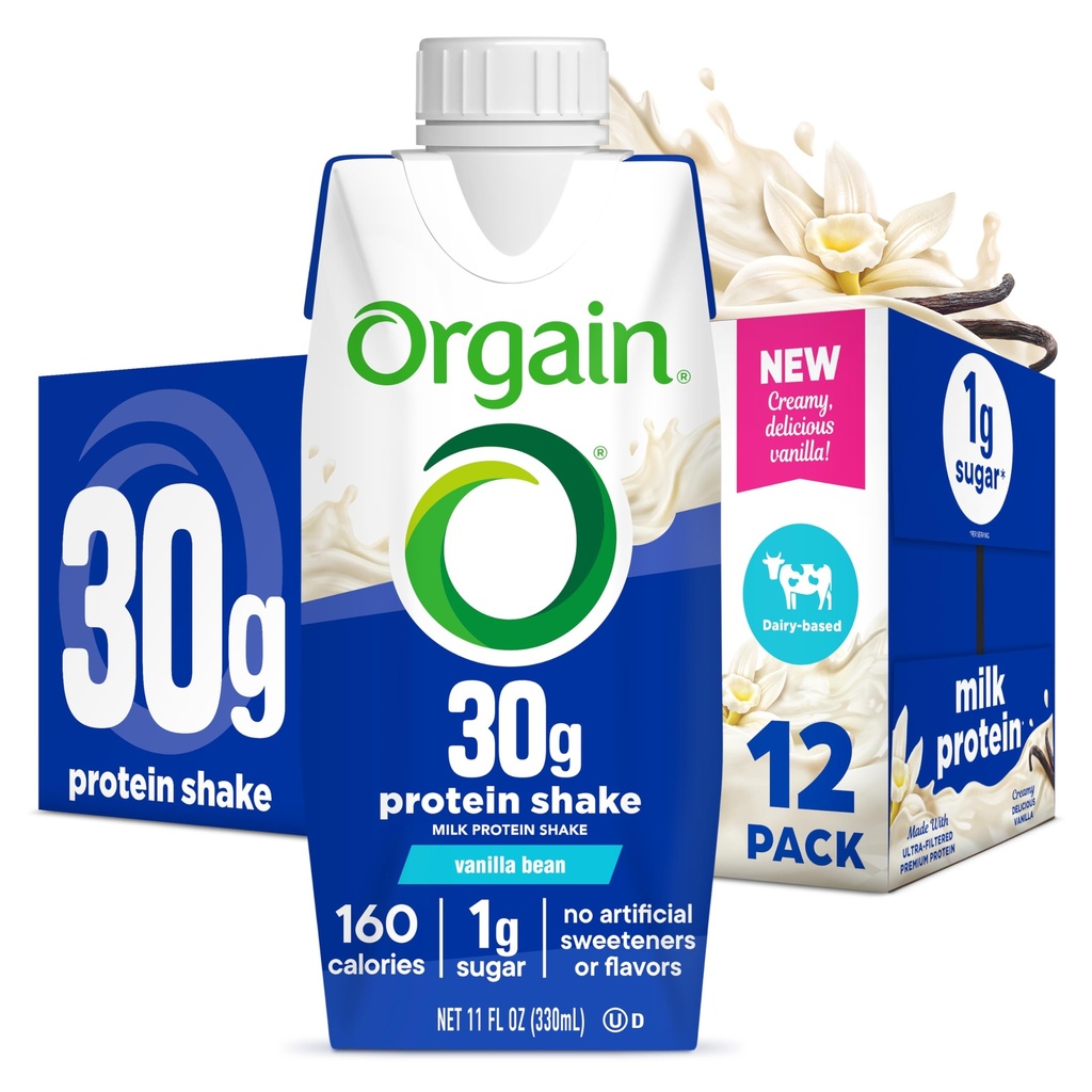 Orgain 30g High Protein Shake, Dairy Isolate Milk Protein, Vanilla Bean, 5g BCAAs, 1g Sugar Por Serving, Meal Replacement, Listo para beber, Keto Friendly, Gluten-Free 11 Fl Oz (Pack of 12)