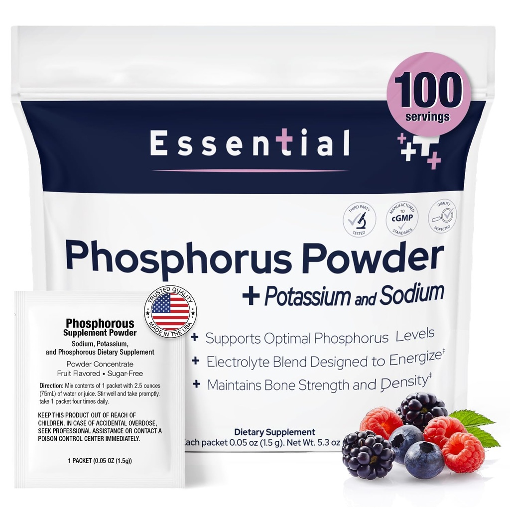 Phosphorus Supplements 100 Packets, Dietary Supplements Powder with Sodium Phosphate and Potassium Phosphate, Fruit Flavored Phosphorous Supplement Powder for Electrolyte, Bone Health & Kidney Health