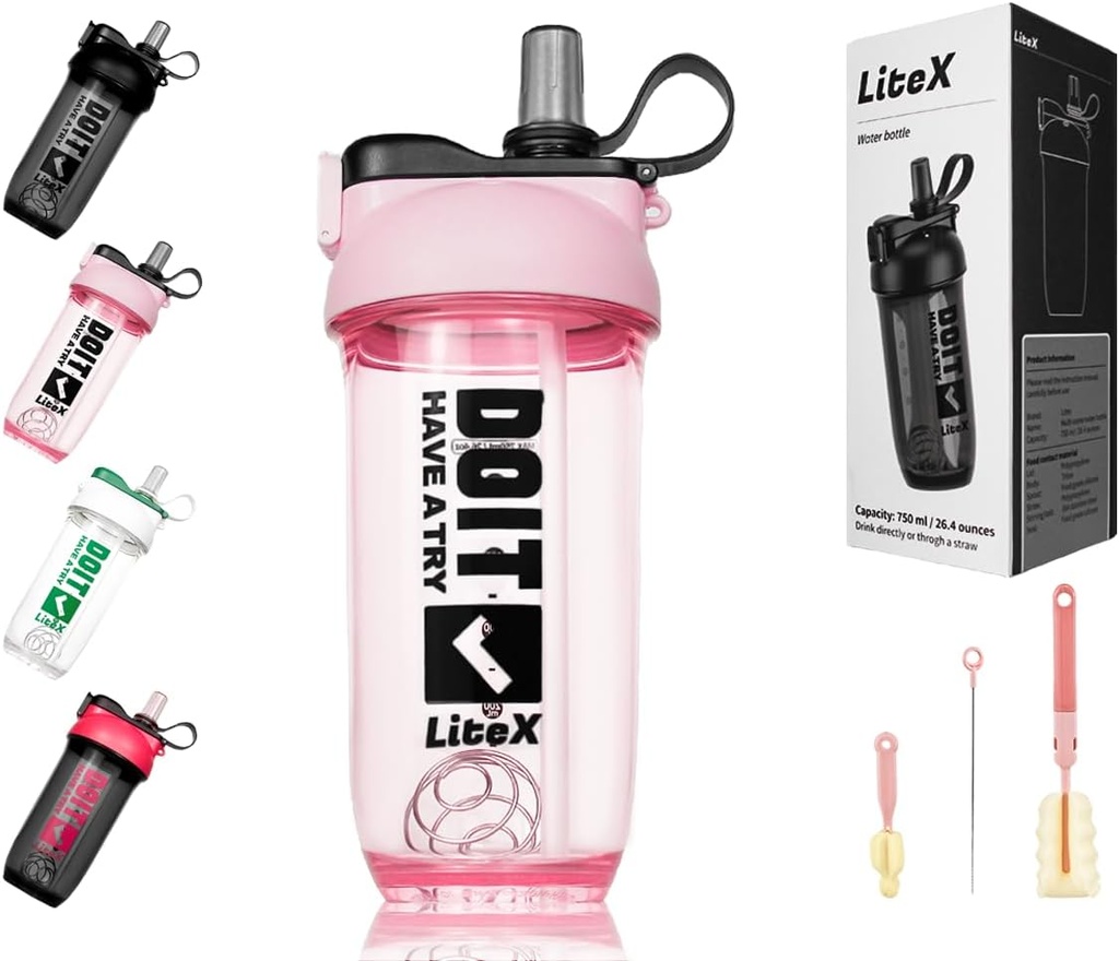 Botellas Litex Shaker para Protein Shakes, 26oz Botella Blender Shaker para Pre-Workout, Copas de Shaker con Straw, Botellas Tritan Mixer sin BPA para Protein Powder, con cepillo de la taza y Instrucciones (Pink)