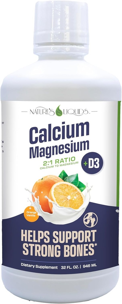 Nature's Liquids - Calcium Magnesium Supplement Liquid (2:1 Ratio) - with D3, Boron, Manganese for Optimal Absorption - for Strong Bones and Teeth - Orange Vanilla Flavor - (32oz - 32 Servings)