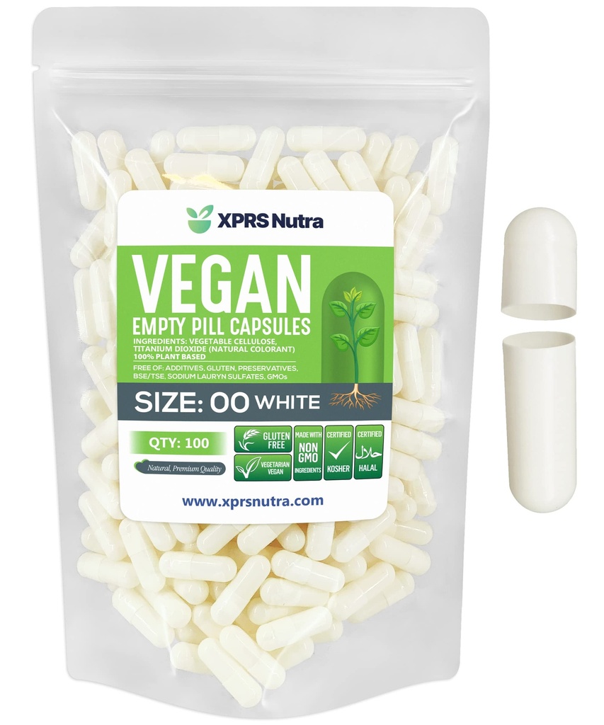 XPRS Nutra Size 00 Empty Capsules - 100 Conde Empty Vegan Capsules - Vegetarian Empty Pills - DIY Vegetable Capsule Filling- Veggie Pill Caps (White)