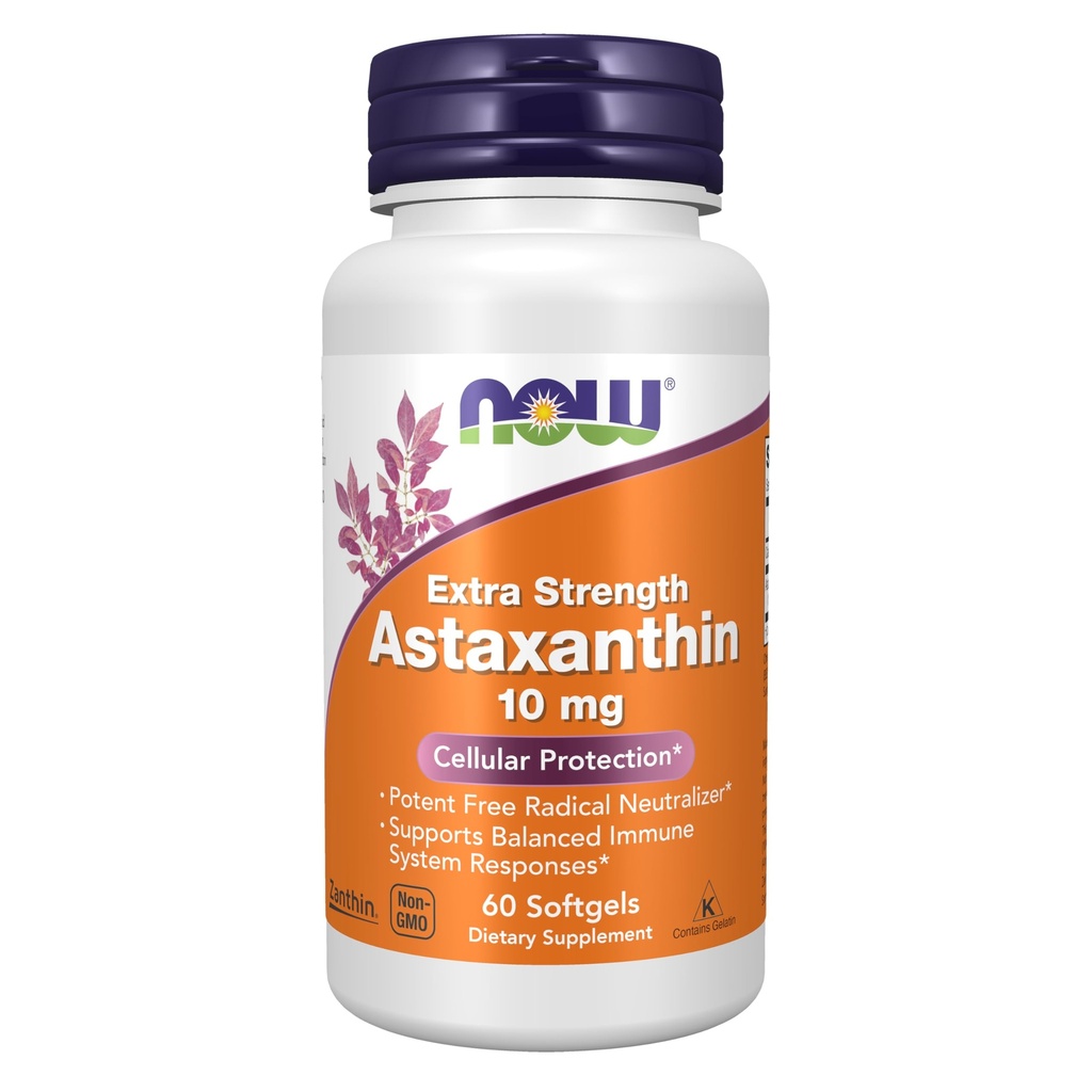 AHORA Alimentos Suplementos, Astaxanthin 10mg, Extra Strength,derived from Non-GMO Haematococcus Pluvialis Microalgae y ha naturalmente ocurriendo Lutein, Canthaxanthin y Beta-Carotene, 60 Softgels