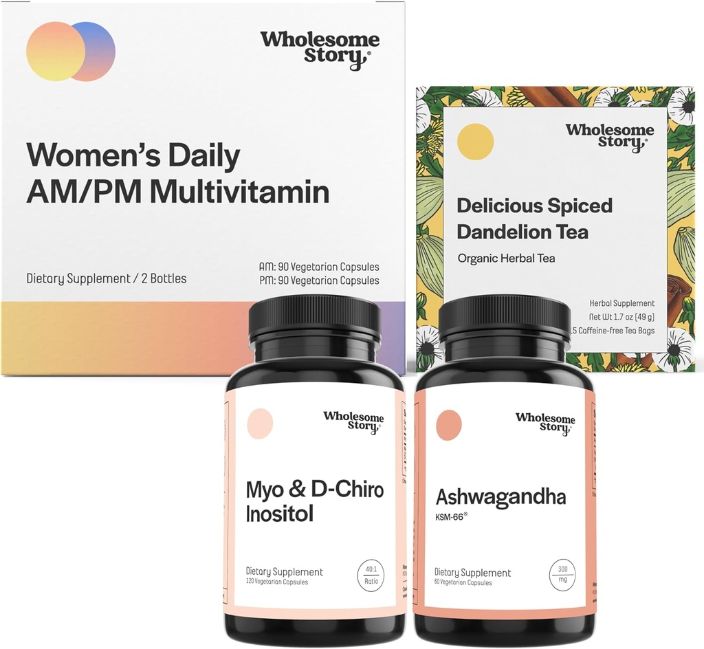 Chill Out Bundle   Myo Inositol &amp; D Chiro Inositol ← KSM 66 Ashwagandha Suplementos ← Premium Bioavailable Daily Multivitamin for Women with Iron and Folate ← Orgánica Roasted Dandelion Root Tea