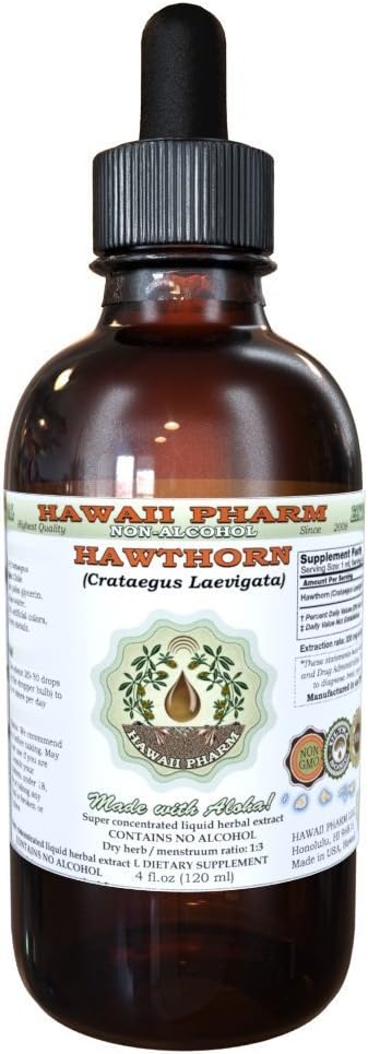Hawaii Pharm Hawthorn Extracto líquido libre de alcohol, Hawthorn (Crataegus Laevigata) Hoja seca y glicerito de flores Natural Herbal Suplemento 2 oz