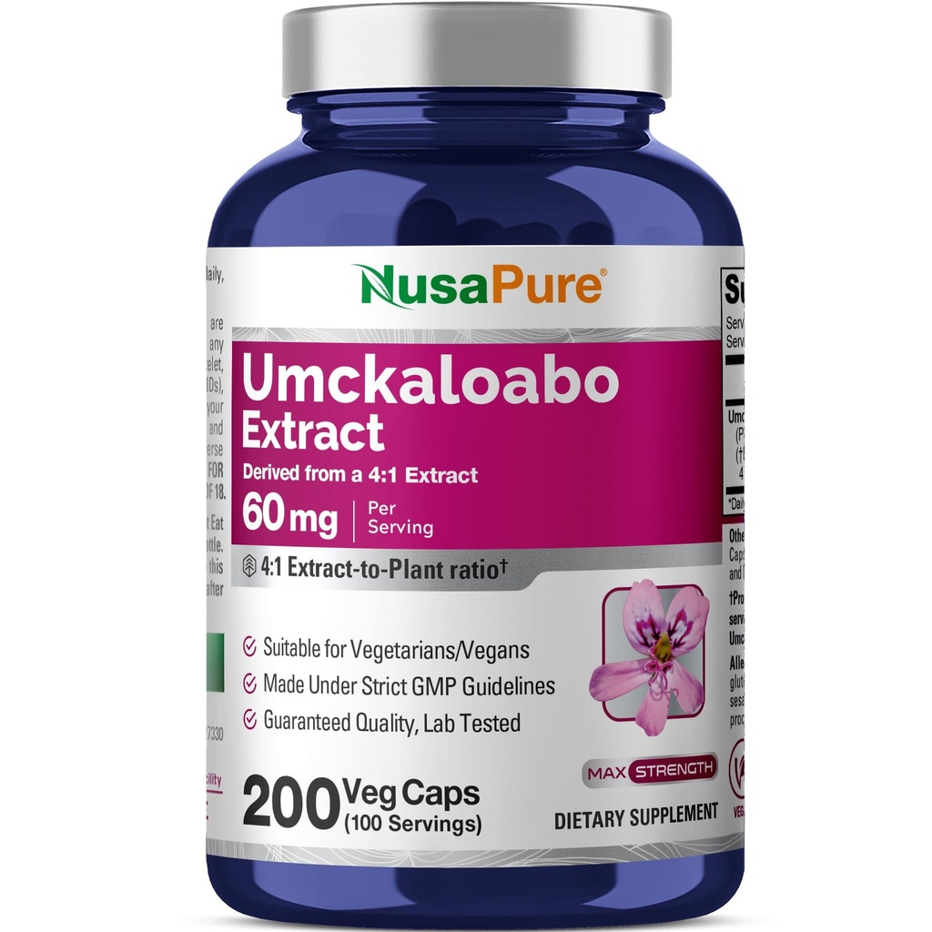 NusaPure Umckaloabo Capsules, 60 mg, 200 Veg Capsules (Non-GMO, Vegan)
