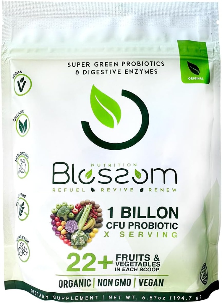 Blossom SuperGreens Probiotics – Digestive Enzymes with Pre/ProBiotics for Bloating Relief – 30+ SuperGreens & SuperReds to Boost Energy –Organic, Gluten-Free, No Fiber, 0g Sugar (Lemon Citrus)