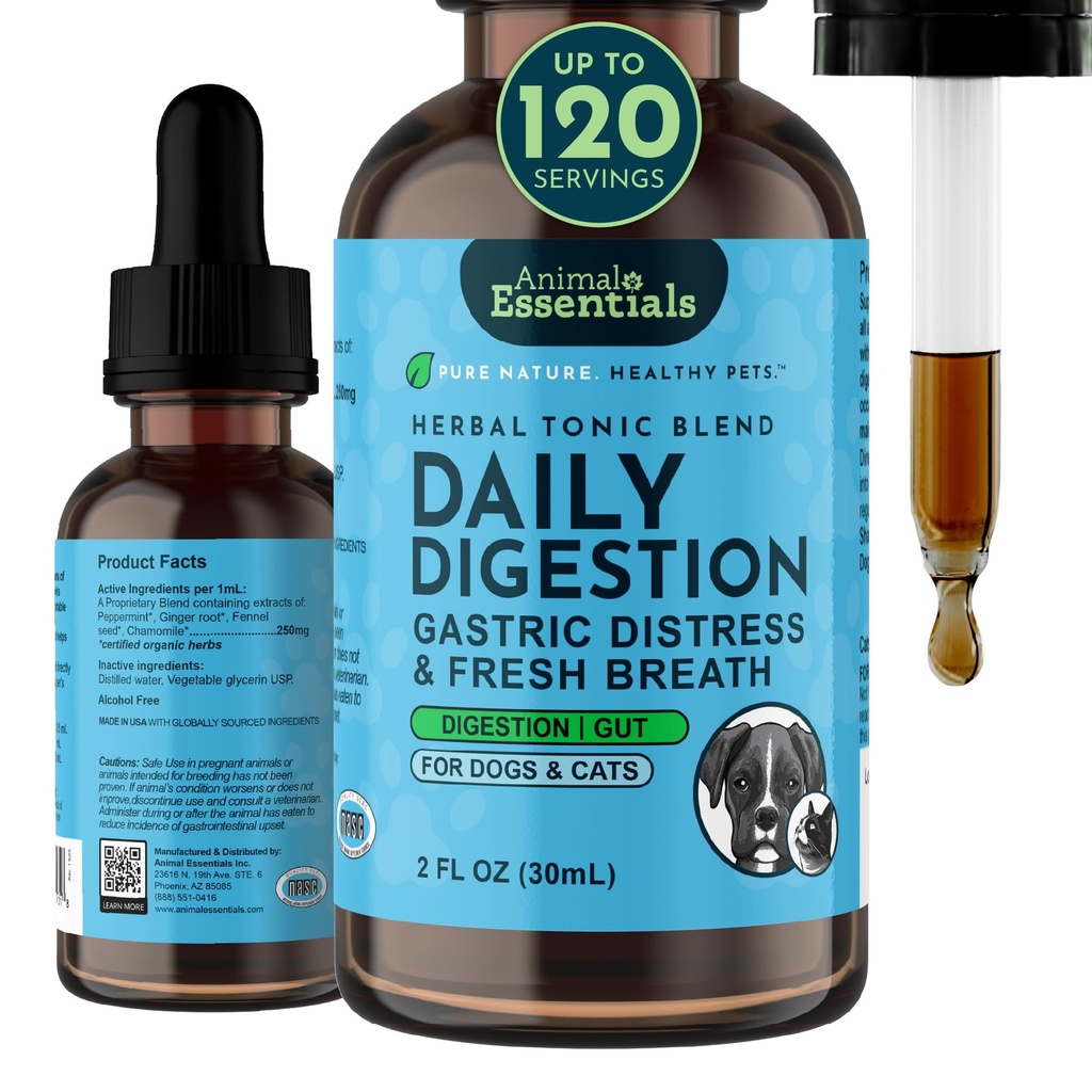 Esenciales animales Digestión diaria para perros &amp; gatos - soporte digestivo, respiración fresca, raíz de jengibre, extracto de semilla de hinojo, suplemento líquido - 2 Fl Oz
